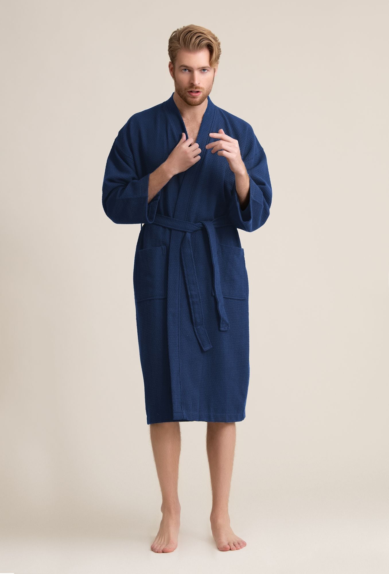 Ham &Sam Men's Robe Knit Bamboo Cotton Long Bathrobe Spa Sleepwear Soft NEW  Navy