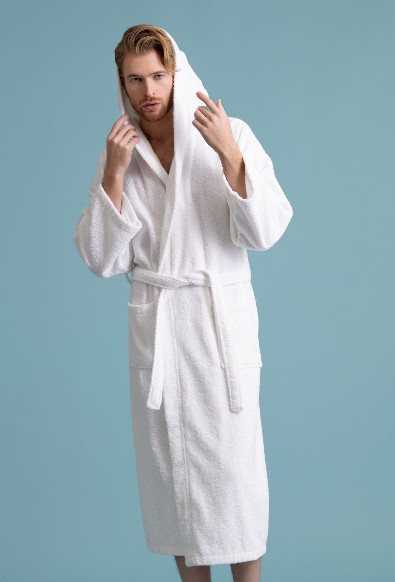 Men's Hooded Robe, Turkish Cotton Terry Hooded Spa White Bathrobe
